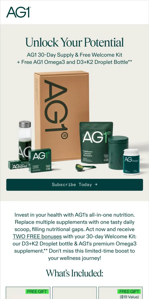 Email from AG1 by Athletic Greens. Limited Time Offer! Two FREE Bonuses With Subscription