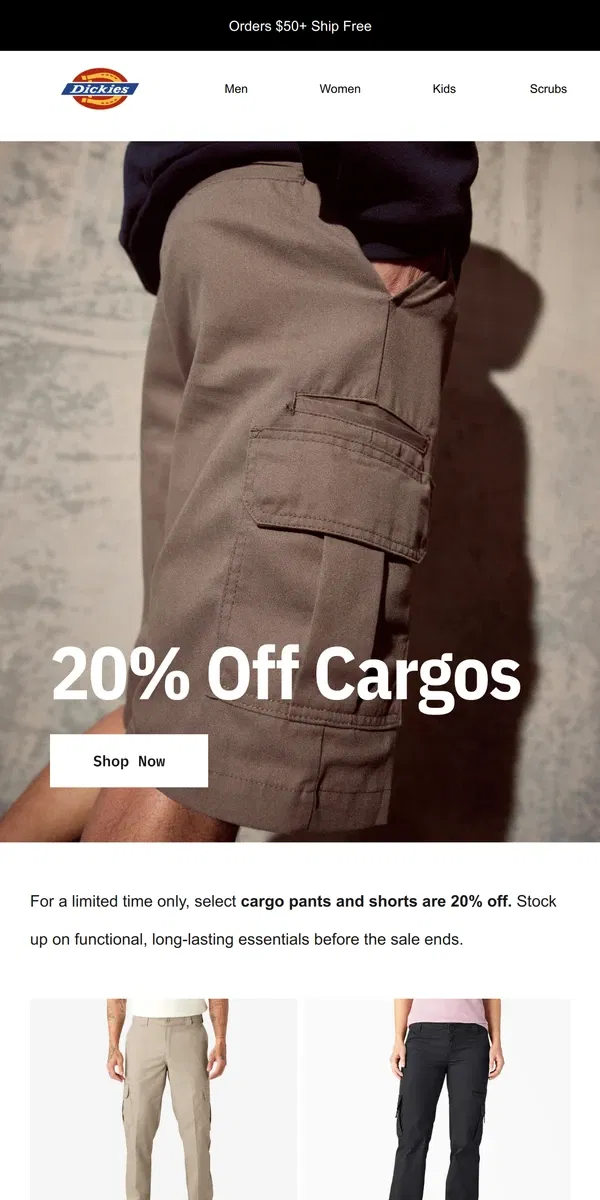 Email from Dickies. 20% Off Cargo Pants & Shorts