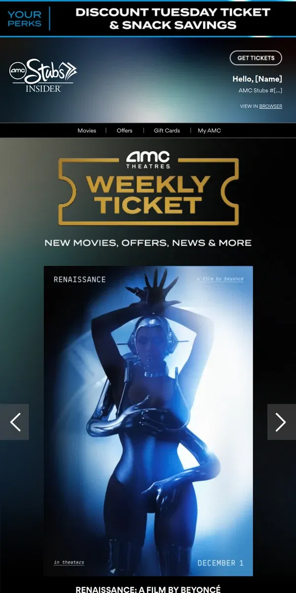 Email from AMC Theatres. [Name], Your Weekly Ticket Is Here