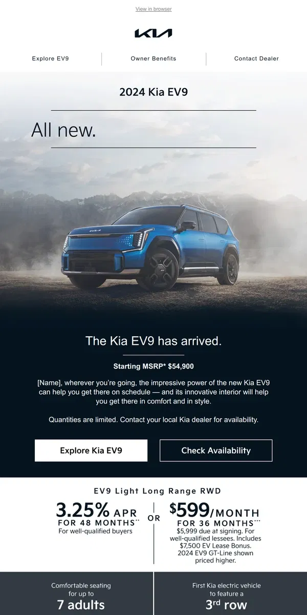 Email from Kia. [Name], introducing the 2024 Kia EV9.