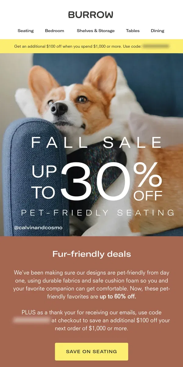 Email from Burrow. Save up to 30% on Pet-Friendly seating