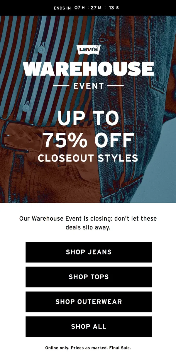 Email from Levi's. The clock is ticking on up to 75% off ⏰