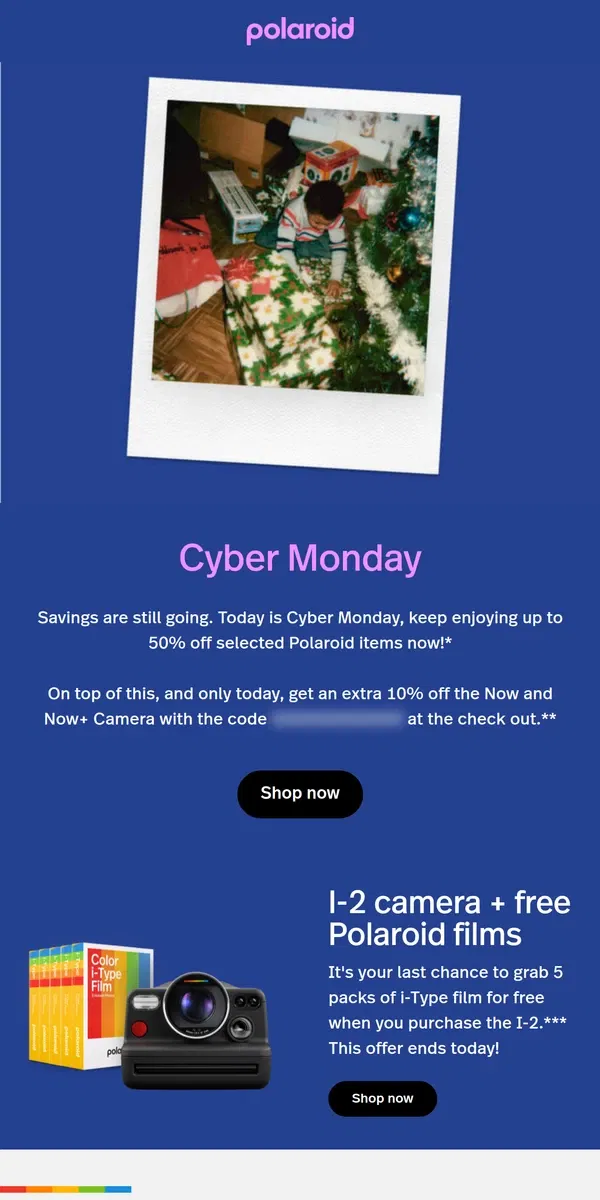 Email from Polaroid. Hey, Keep on saving with Cyber Monday