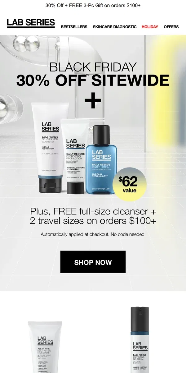 Email from Lab Series. Black Friday is here! Get 30% off & a FREE Full-Size Cleanser