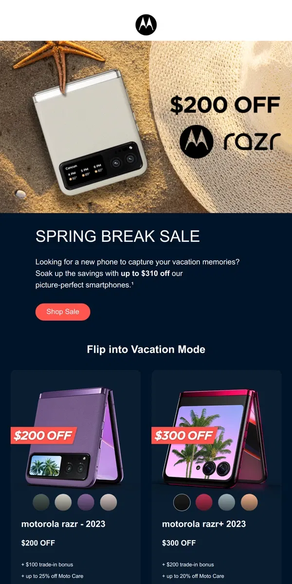 Email from Motorola. Spring Break Savings: UP TO $310 OFF 🌴