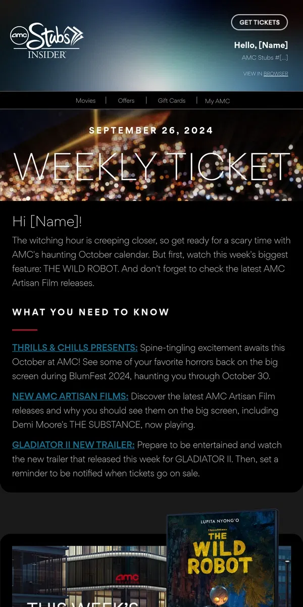 Email from AMC Theatres. [Name], Your Weekly Ticket Is Here