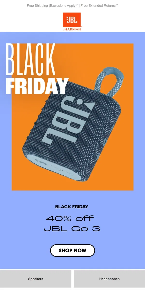 Email from JBL. Don’t sleep on these Black Friday Deals 🤑 Up to 70% off