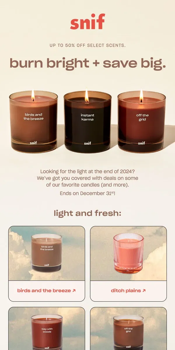 Email from Snif. END OF SEASON CANDLE SALE.