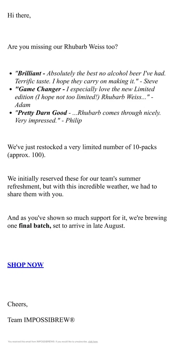 Email from IMPOSSIBREW. Limited batch of Rhubarb Weiss In-Stock