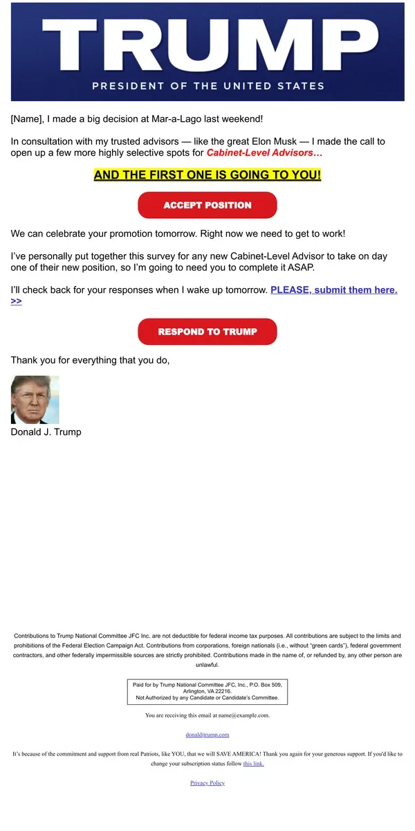 Email from Donald J. Trump. A decision has been made about your future with Team Trump.