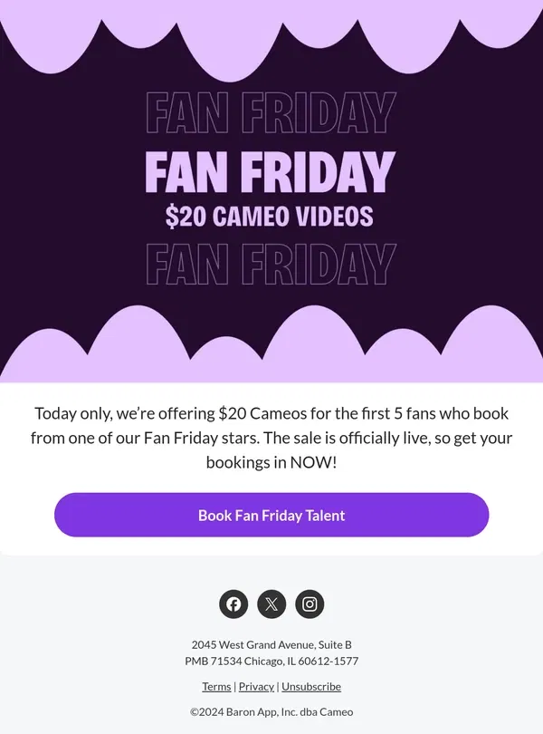 Email from Cameo. Exclusive Fan Friday deals are back 🥳