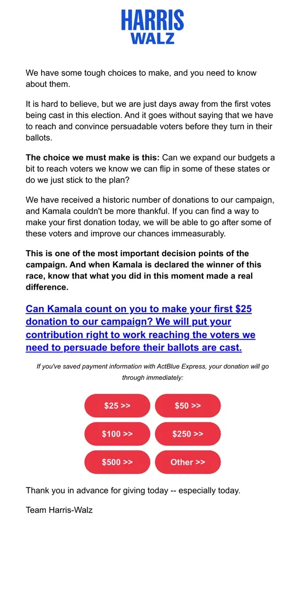 Email from Kamala Harris. Tough choices