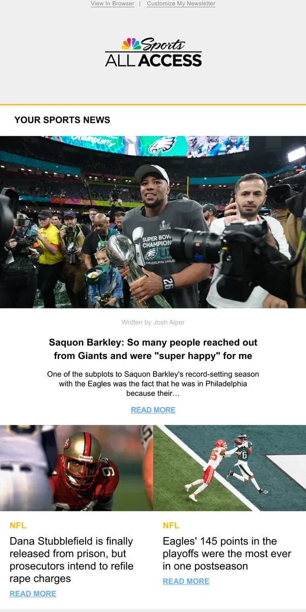 Email from NBC Sports. Saquon Barkley: So many people reached out from Giants and were "super happy" for me