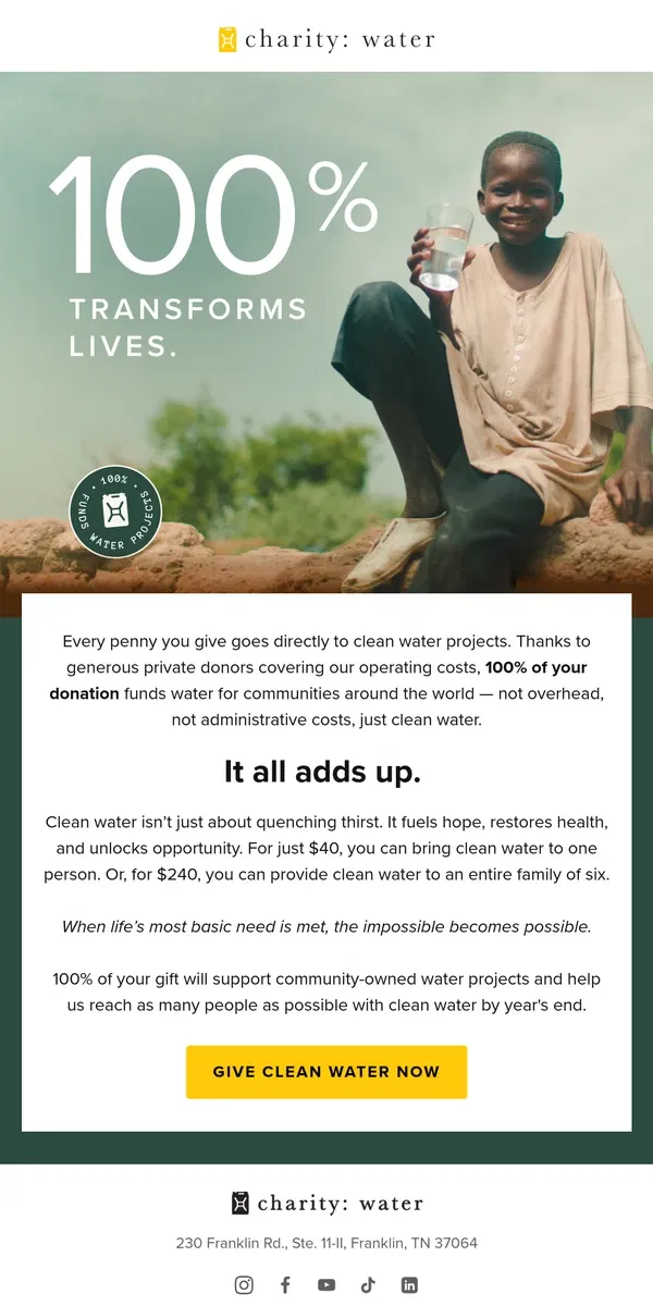 Email from charity: water. 100%: Our forever promise to you