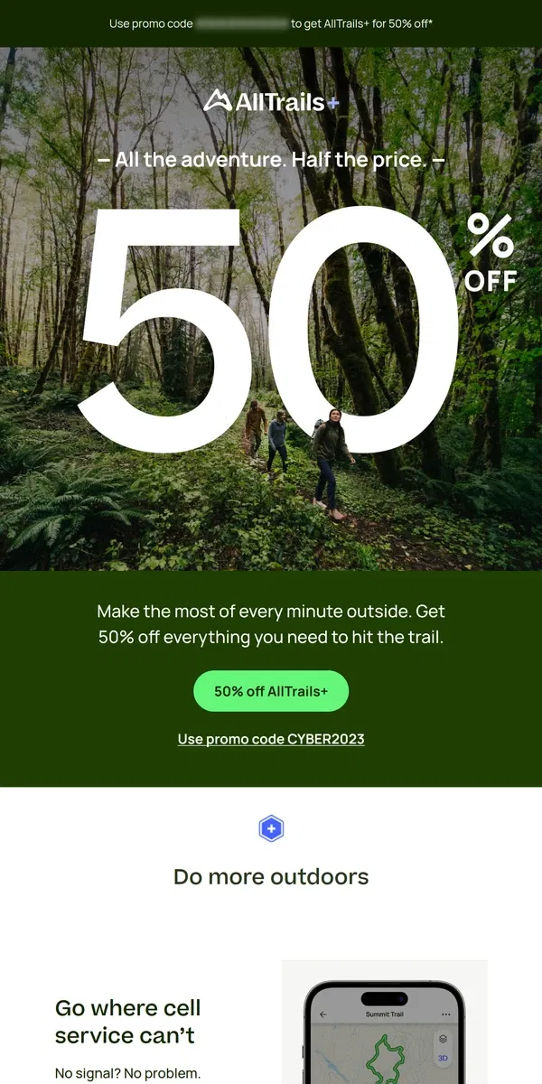 Email from AllTrails. Cyber Sale is here: 50% off!