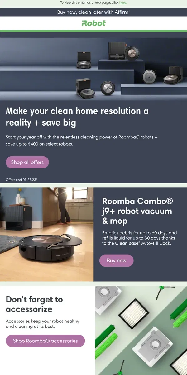 Email from iRobot. New Year Savings: Up to $400 off!