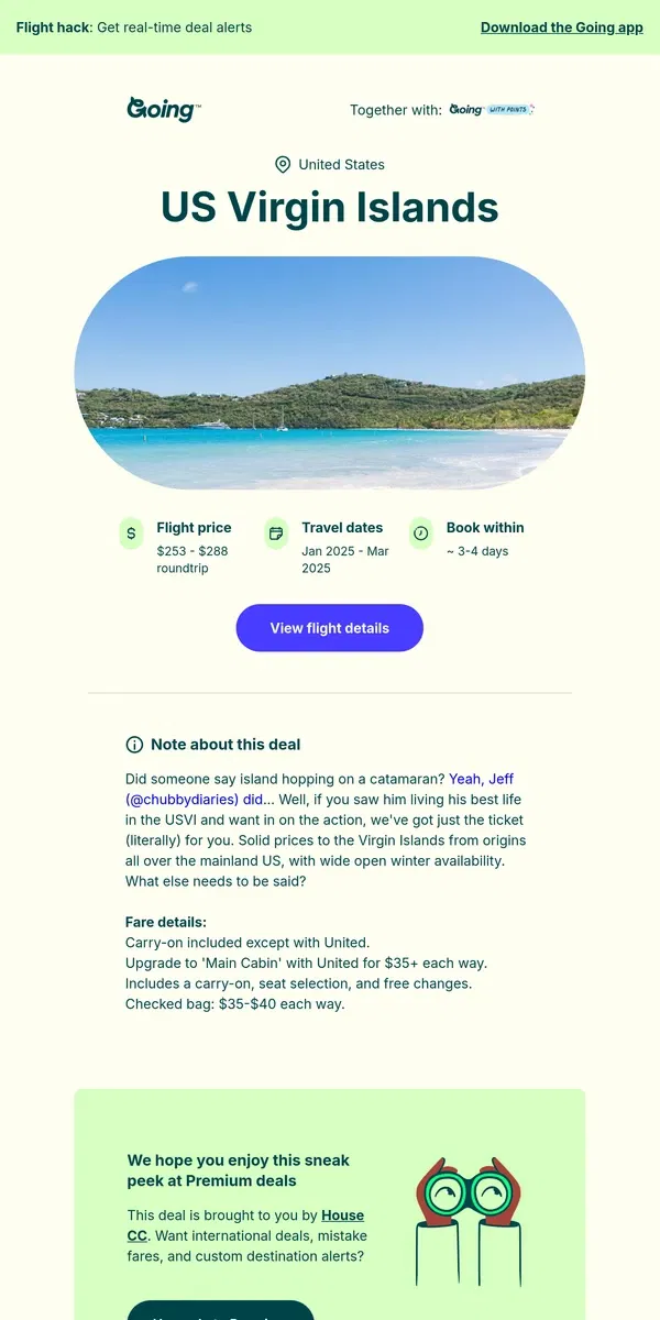 Email from Going. 🏝️ US Virgin Islands —  $253 to $288 (Jan-Mar)