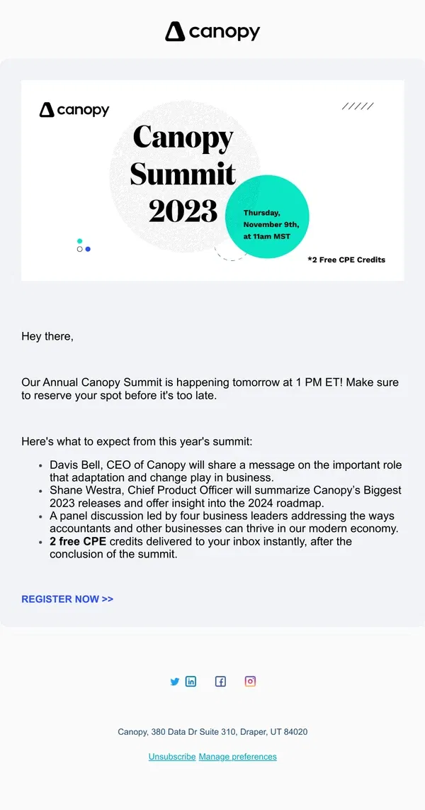 Email from Canopy. [Happening Tomorrow] Canopy Summit 2023