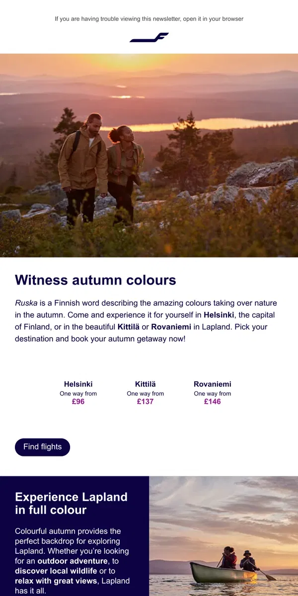 Email from Finnair. Experience the magical Finnish autumn