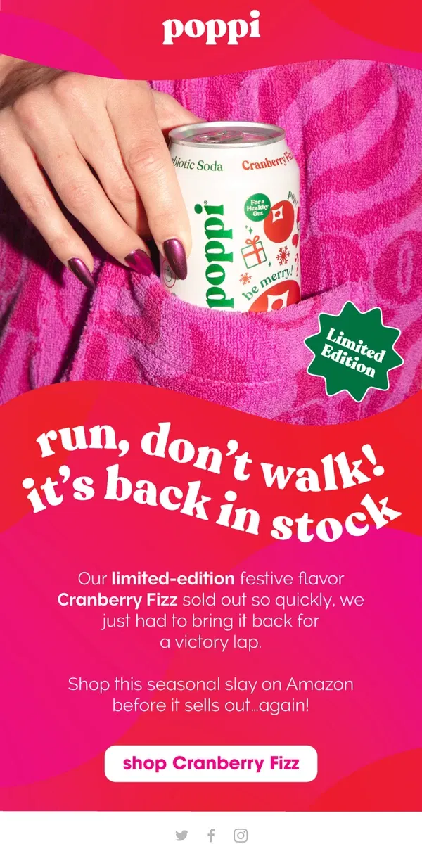 Email from poppi. 🚨 Cranberry Fizz is back in stock 🚨