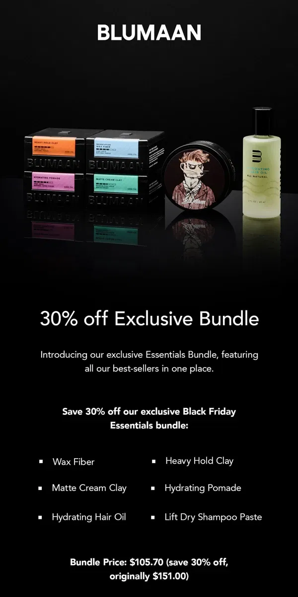 Email from BluMaan. ICYMI: 30% OFF Exclusive Black Friday Bundle 🎁