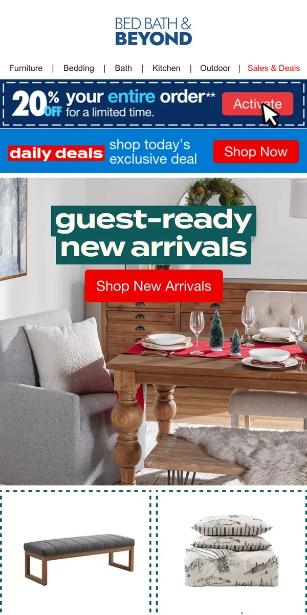 Email from Bed Bath & Beyond. New Arrivals for Your Holiday Guests 🎄✨