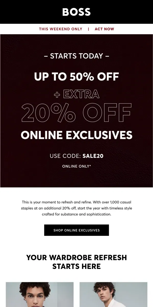 Email from HUGO BOSS. Starting now: Extra 20% Off Sale Online