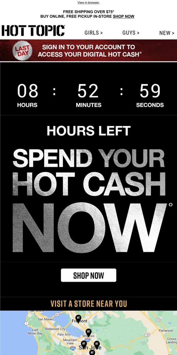 Email from Hot Topic. ⏱️ HOURS LEFT to spend your Hot Cash ⏱️