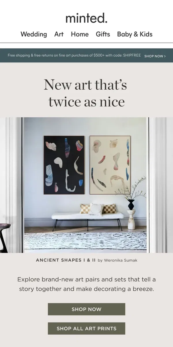 Email from Minted. NEW art pairs & sets are here