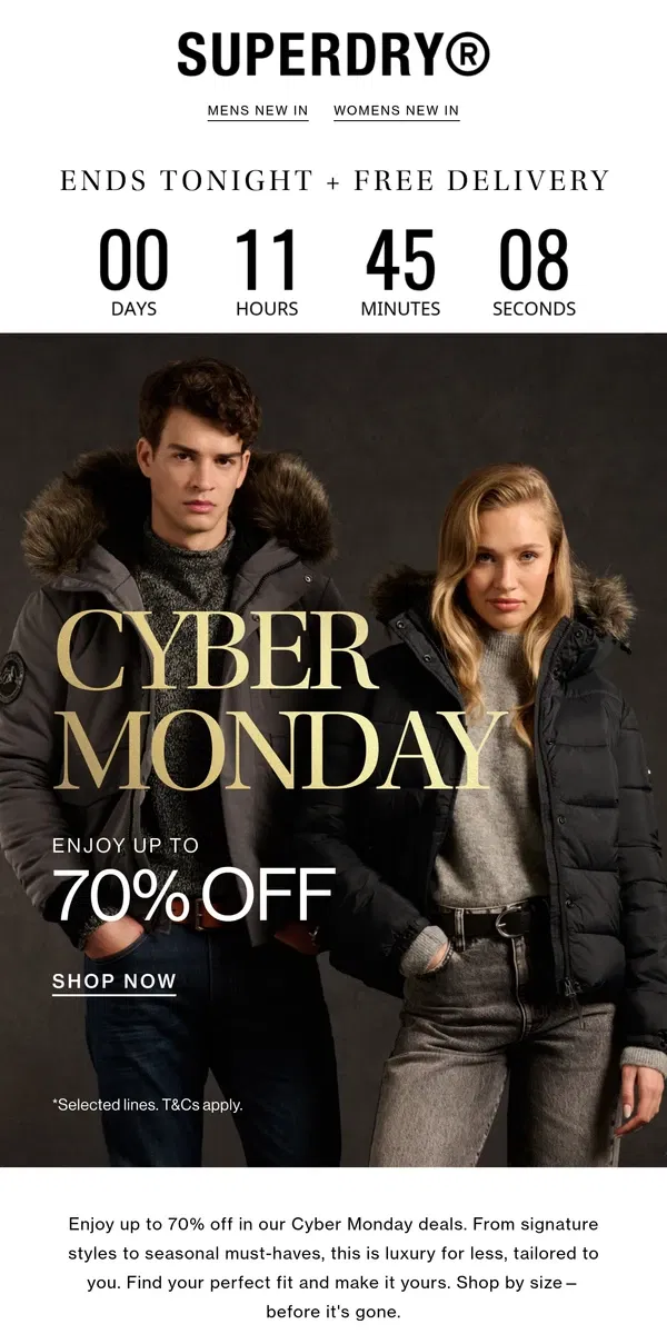 Email from Superdry. Ends Tonight: Cyber Monday Up to 70% Off