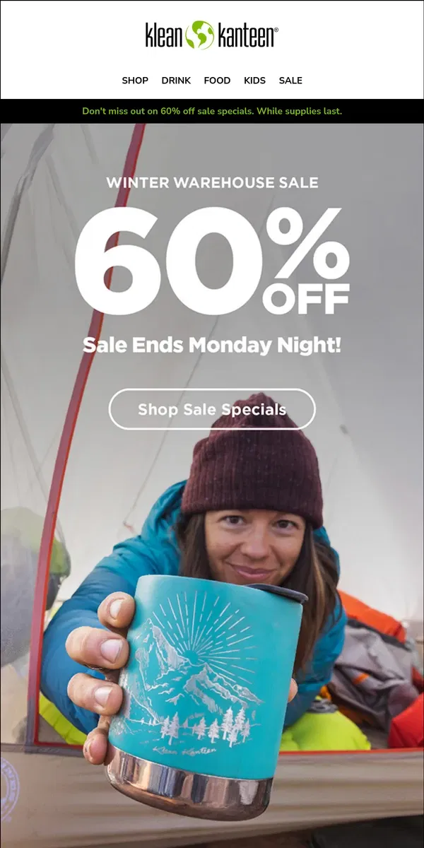 Email from Klean Kanteen. Don't miss 60% off select styles. While supplies last!