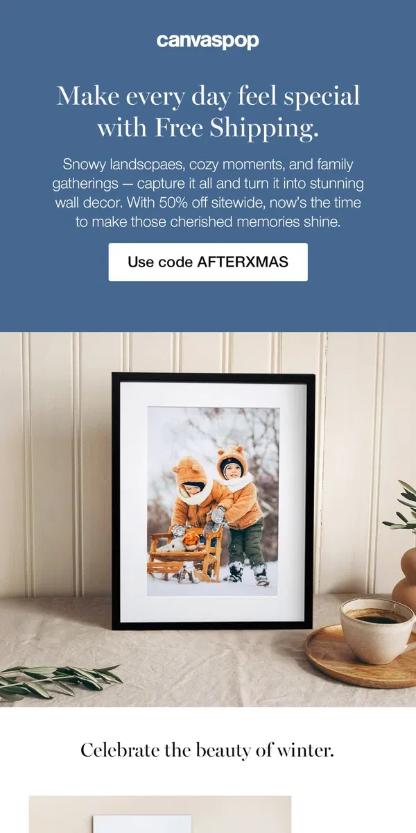 Email from Canvaspop. After-Christmas Sale: Free Shipping + Huge Savings Await! 🎁