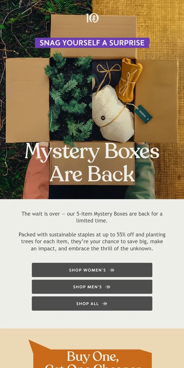 Email from tentree. 5-Item Mystery Boxes Are Back