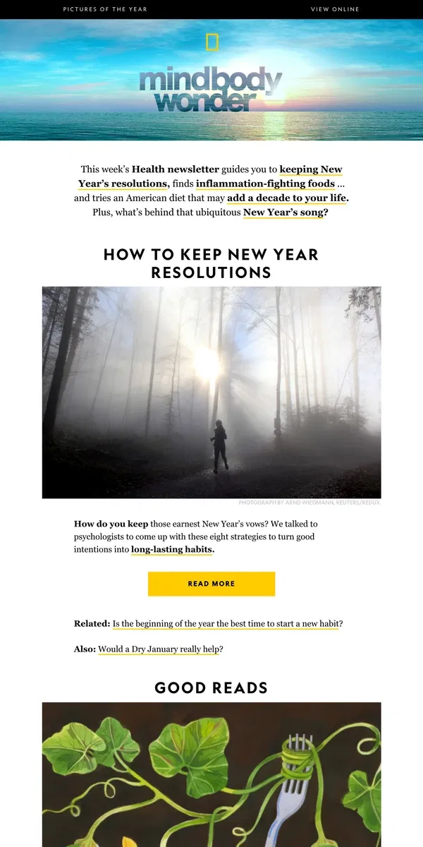 Email from National Geographic. 8 ways to make your New Year’s resolutions stick; foods that beat inflammation