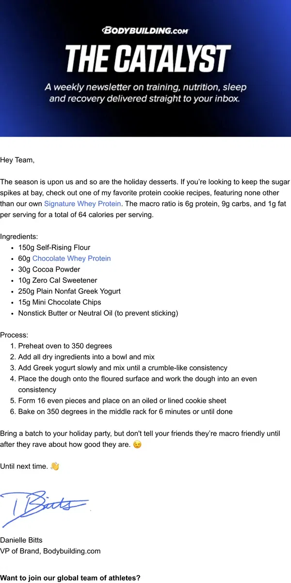 Email from Bodybuilding.com. Chocolate Protein Packed Christmas Cookie Recipe