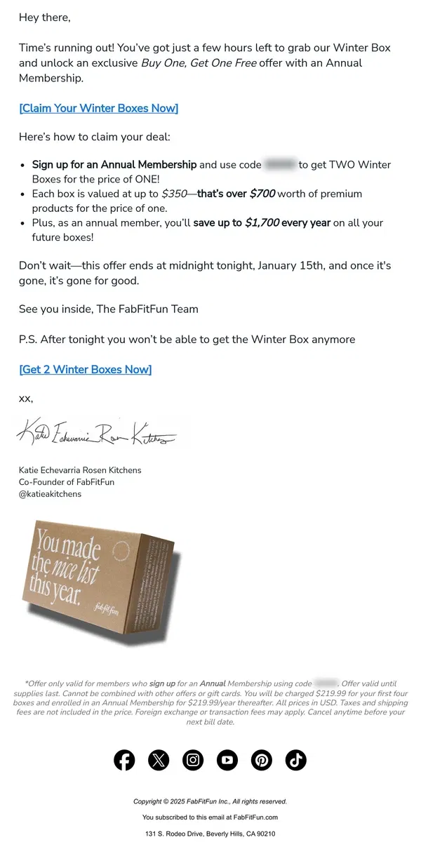 Email from FabFitFun. Last Chance to get your Winter Box