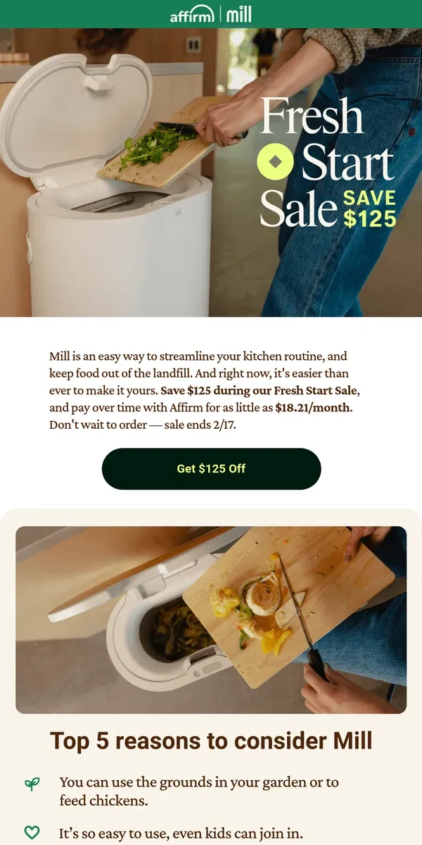 Email from Mill. Save $125 now. Pay over time.