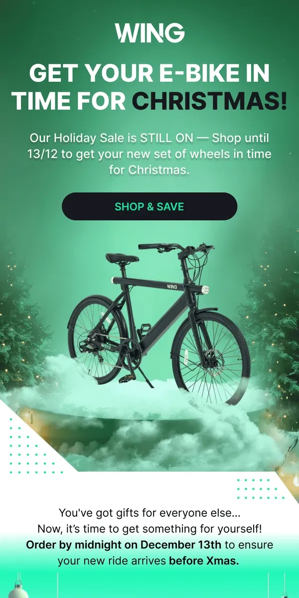 Email from Wing Bikes. Our Holiday Sale is riding away...