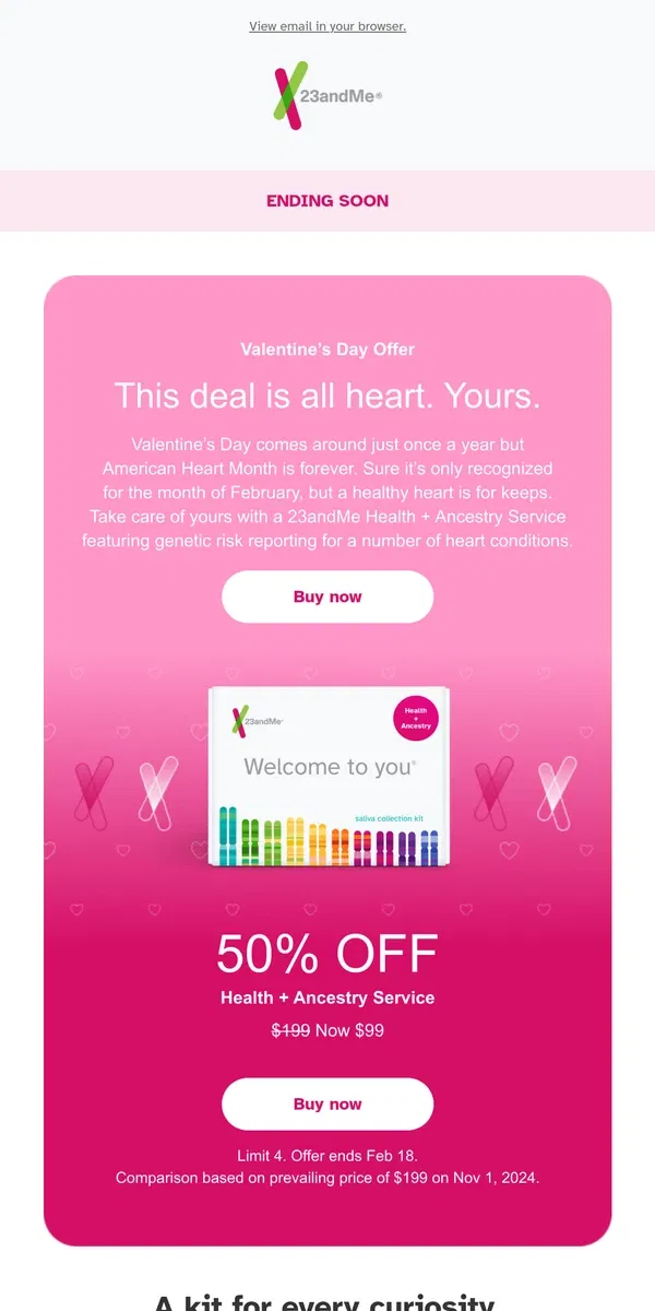 Email from 23andMe. Ending soon: 50% off Health + Ancestry Service