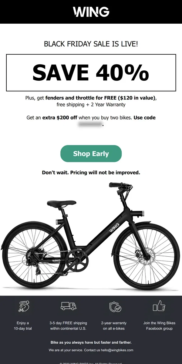 Email from Wing Bikes. Unlock your early access to our Black Friday Deals ⚡️