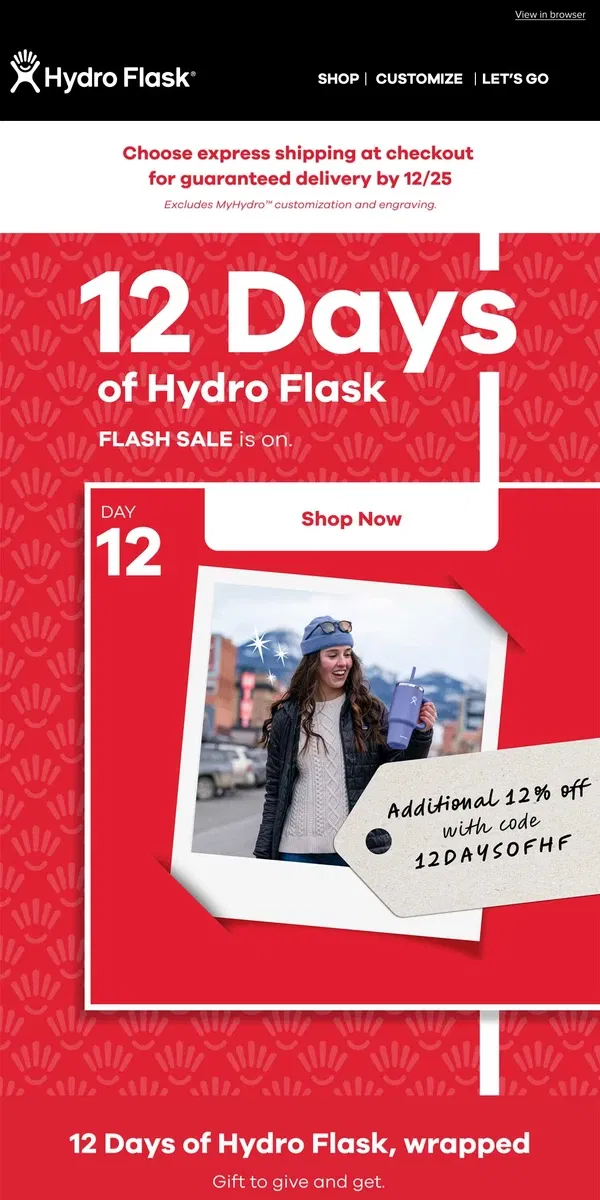 Email from Hydro Flask. 12% off 🎁 FINAL DAY