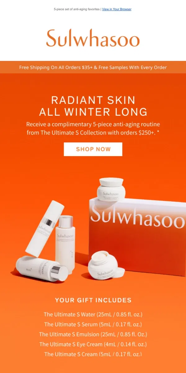 Email from Sulwhasoo. The Ultimate S Gift Set with Orders $250+