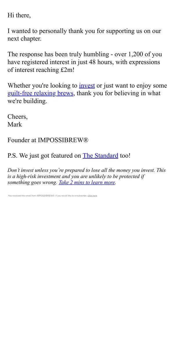 Email from IMPOSSIBREW. A personal thank you.