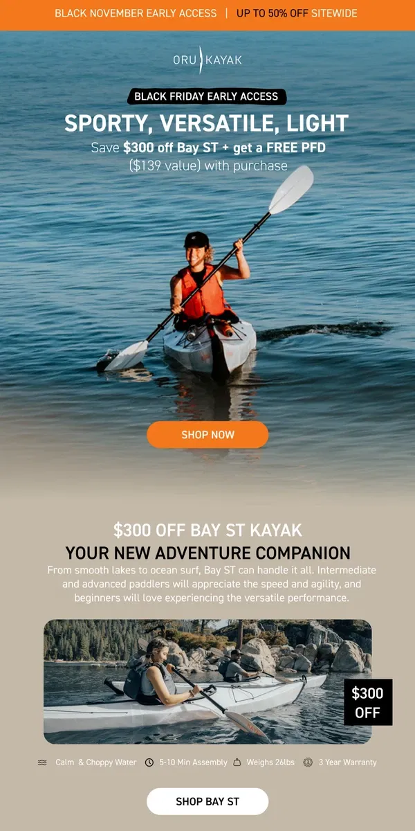 Email from Oru Kayak. Deal of the Day ⚡ $300 Off Bay ST + Free PFD ($139 Value)