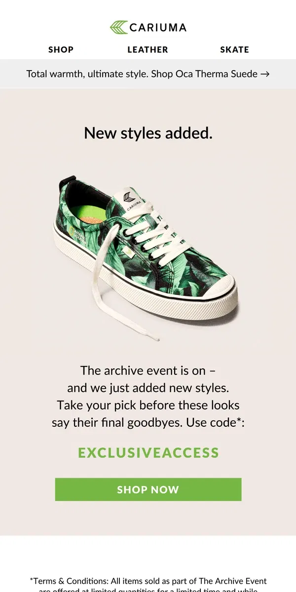 Email from Cariuma. More Styles Added — The Archive Event