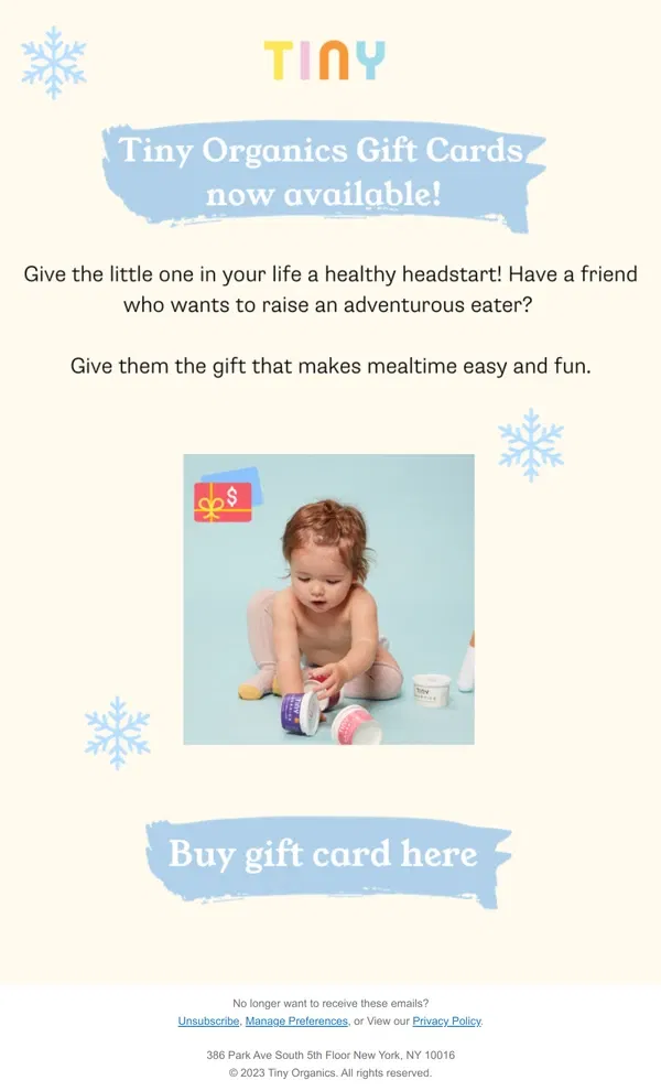 Email from Tiny Organics. It's giving: season 😍🎁