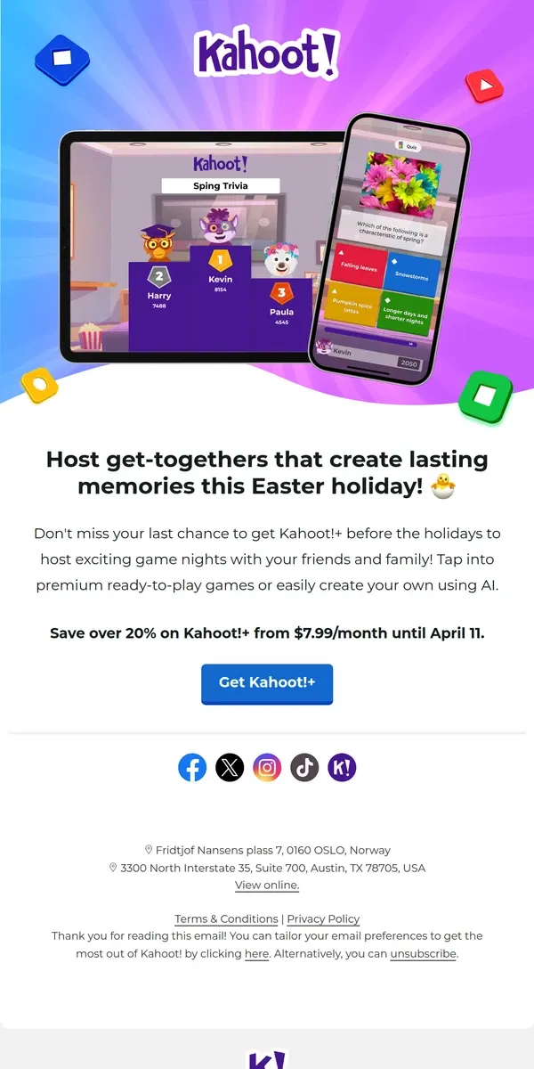 Email from Kahoot!.  Create lasting memories this Easter holiday with Kahoot! 🐣