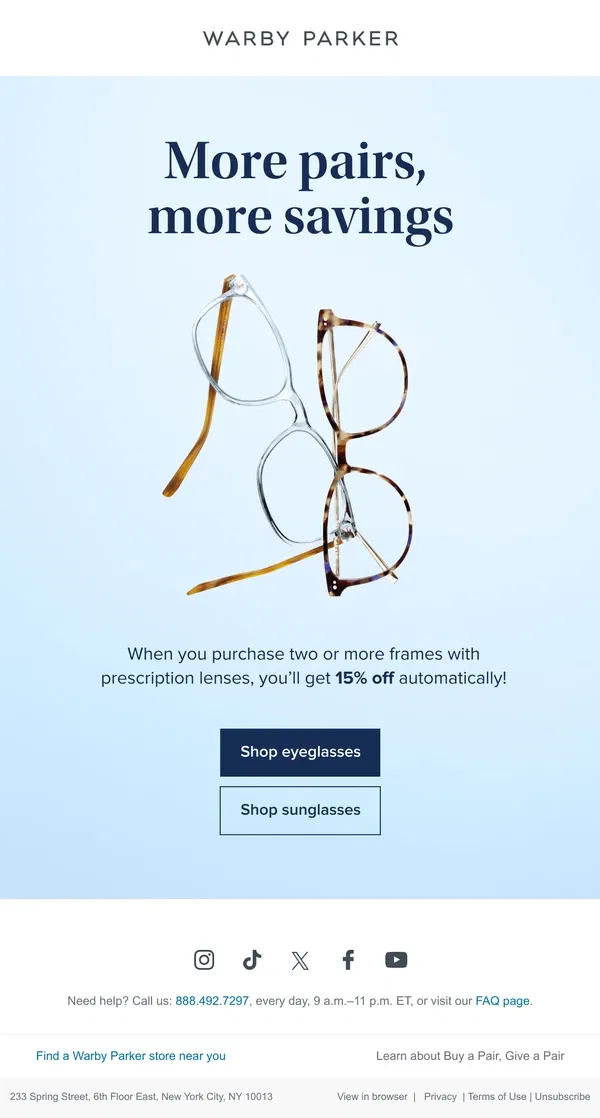 Email from Warby Parker. Double up and save!