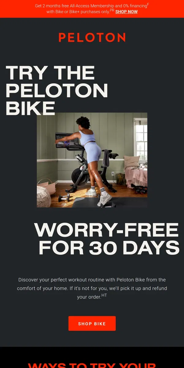 Email from Peloton. Your 30-day Peloton Bike home trial awaits