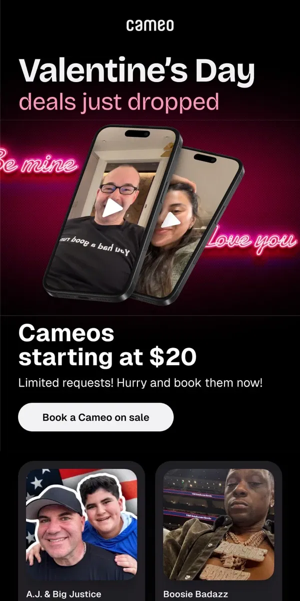 Email from Cameo. Last-minute Valentine’s Day Sale: Give the Gift of Love at a Discount